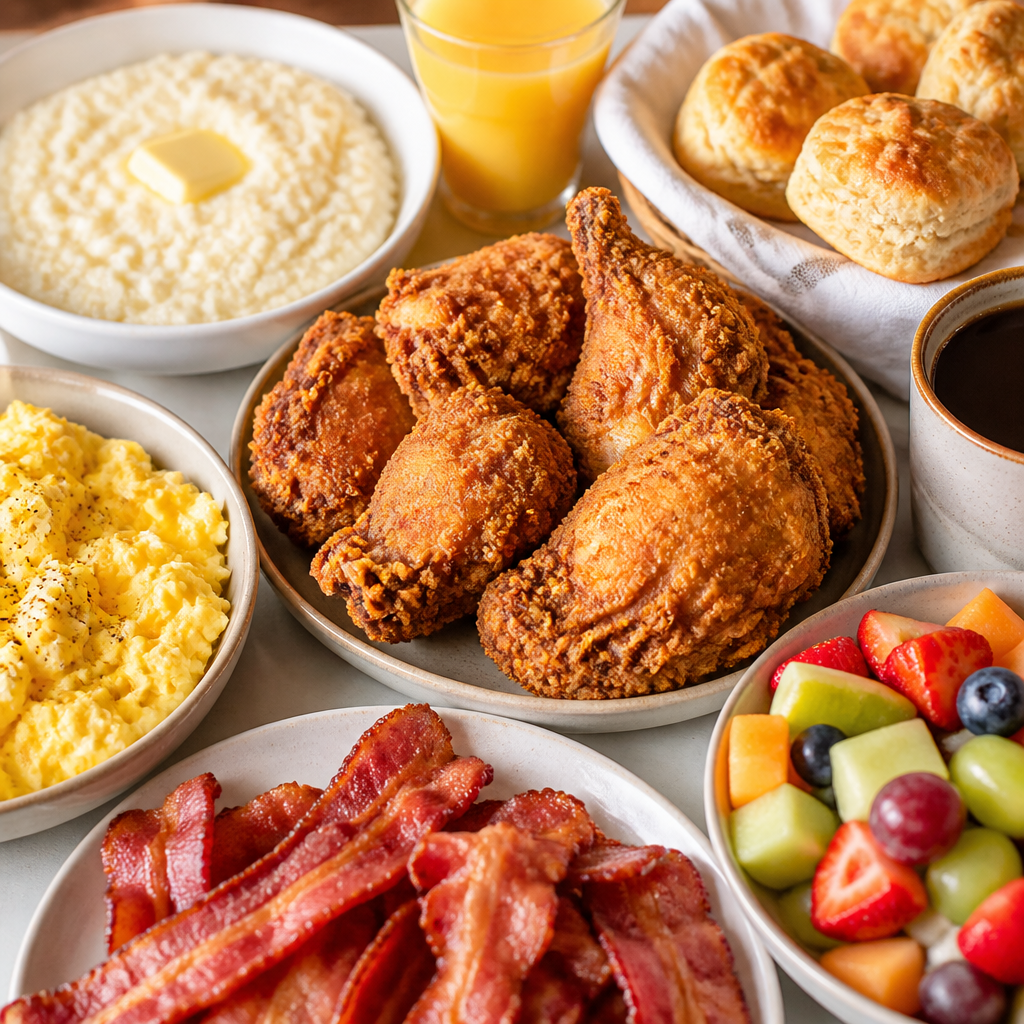 A warm Southern breakfast spread with fried chicken, eggs, bacon, biscuits, grits, and fresh fruit