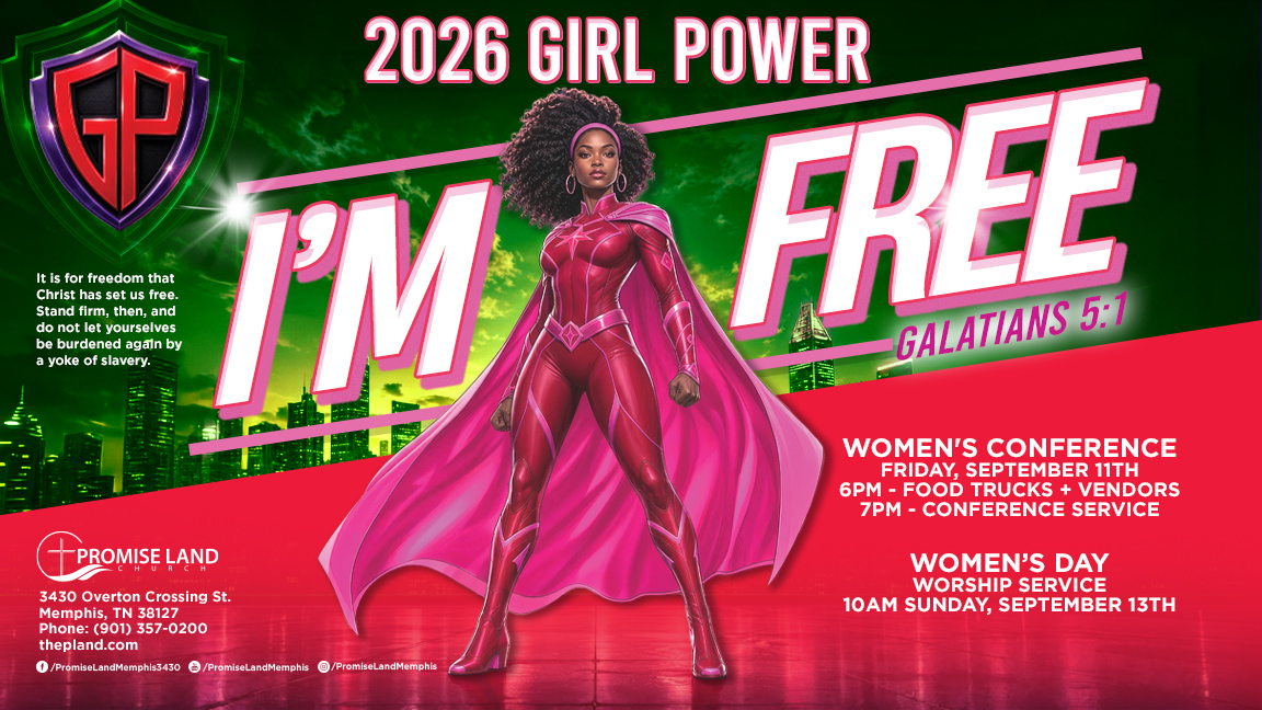 2026 Girl Power: I'm Free women's conference artwork — Girl Power shield and superhero character in pink over a green Memphis skyline