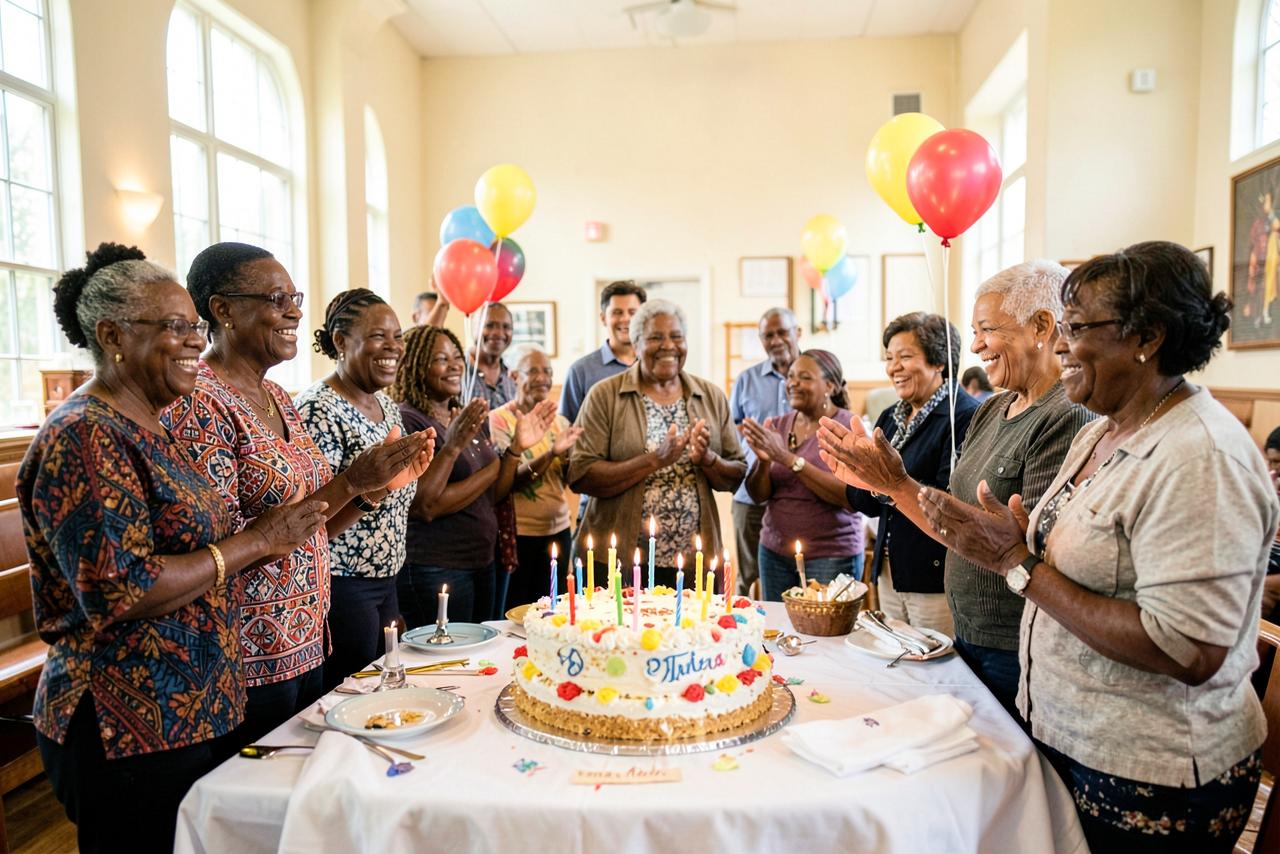 Church members celebrating birthdays with a cake and balloons in the fellowship hall
